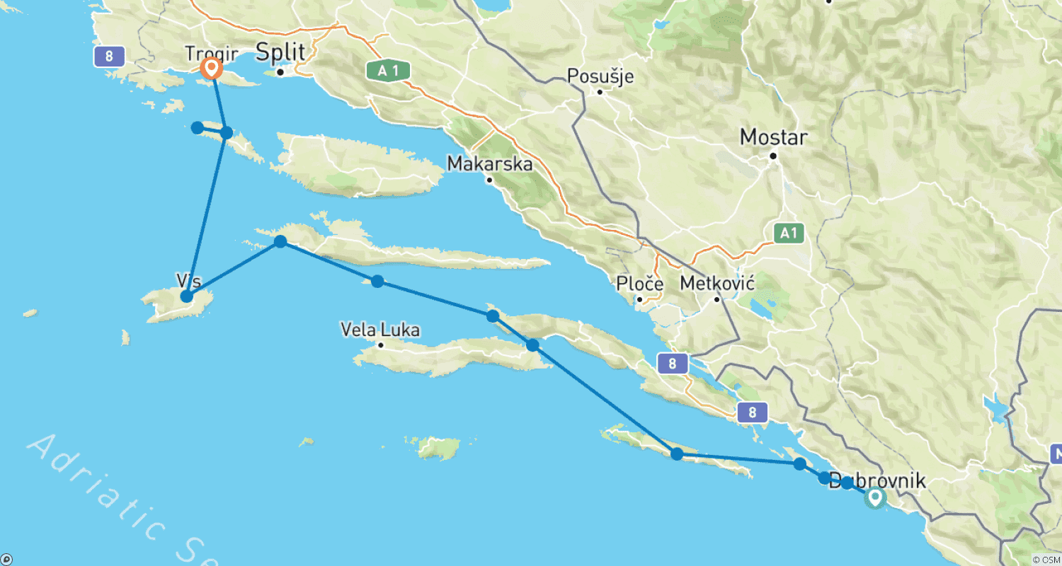 Mapa trasy: Chorwacka Przygoda Żeglarska: Z Dubrownika do Splitu