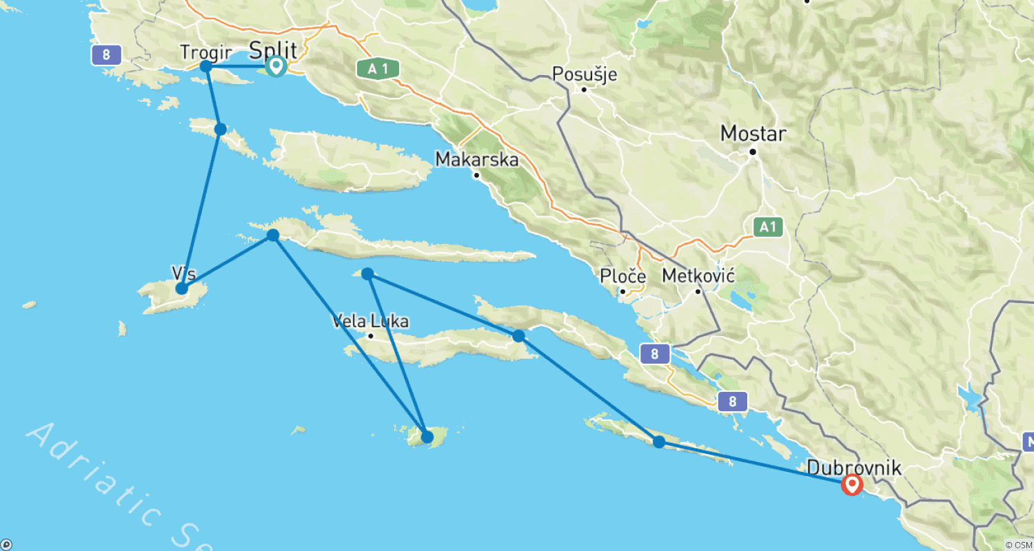 Croatia Sailing Adventure: Split to Dubrovnikのルートマップ