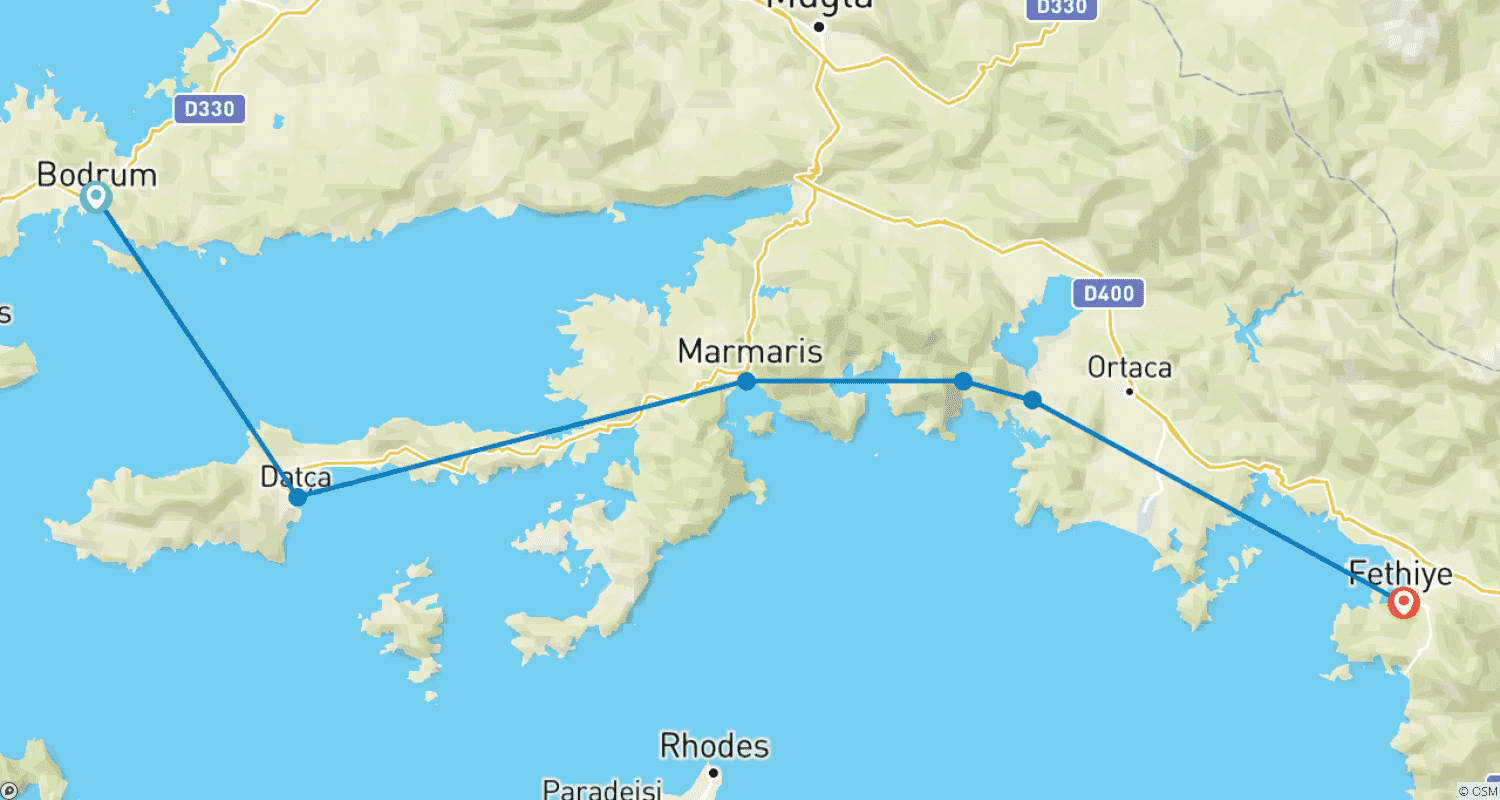 Mapa do percurso de Cruzeiro de 7 dias de Bodrum a Fethiye