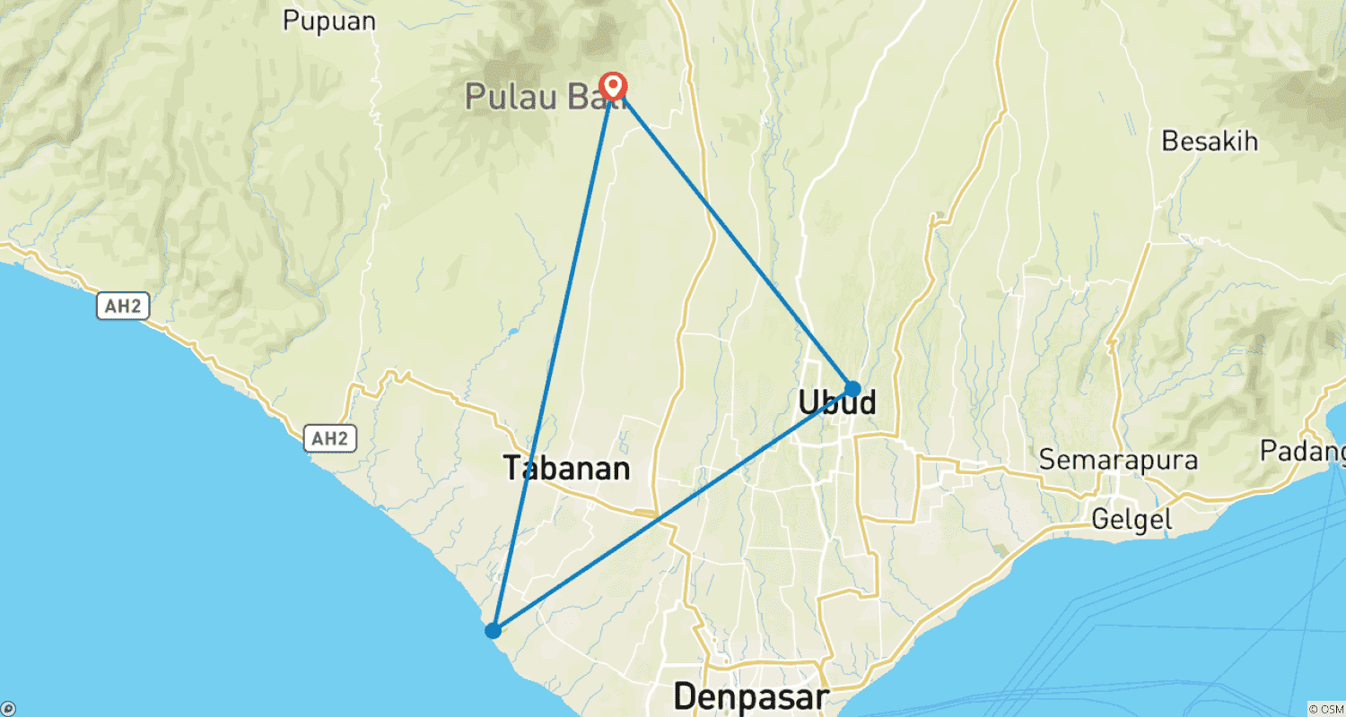 Mapa do percurso de Incrível Excursão Cultural de 3 Dias em Bali (Privada e Tudo Incluído)