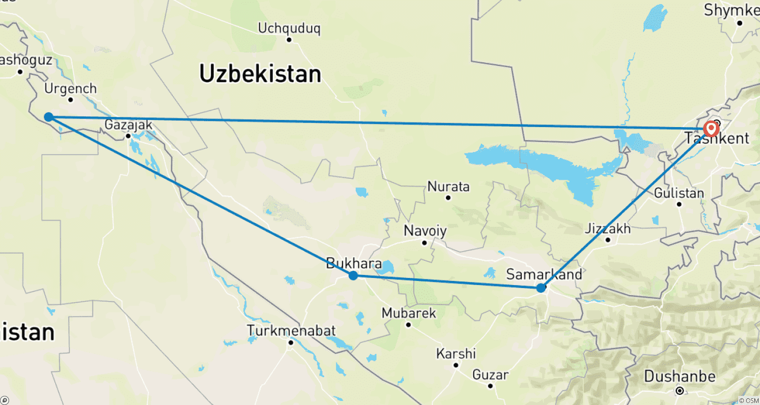 Mapa trasy: Wycieczka kulturalna po Uzbekistanie - 10 dni