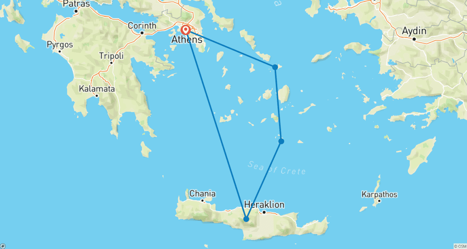 ギリシャ - アテネ、ミコノス、サントリーニ、クレタ島 - 12日間のルートマップ