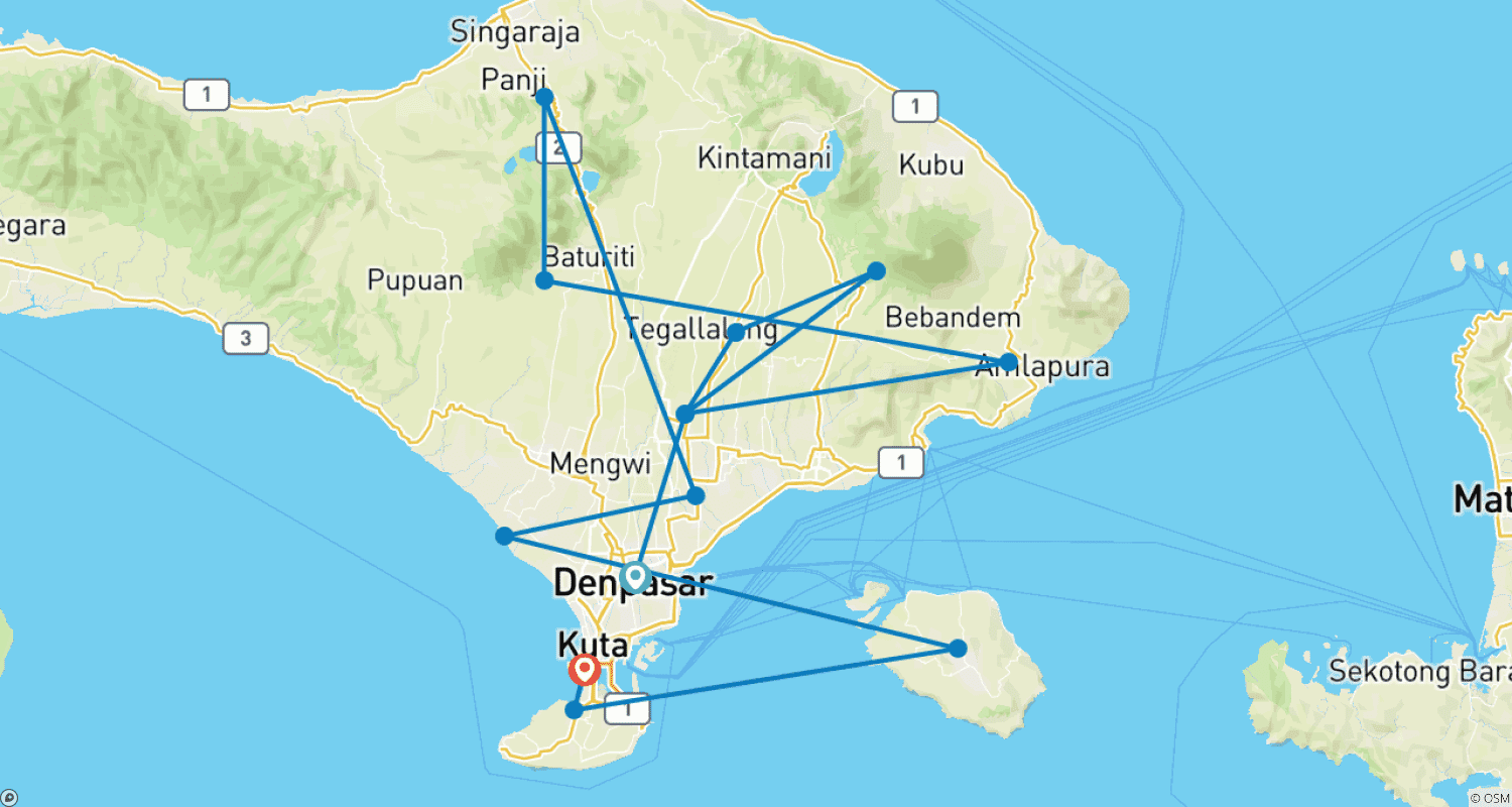 Mapa do percurso de Bali 8 Dias: Explore a Beleza de Bali e Arredores
