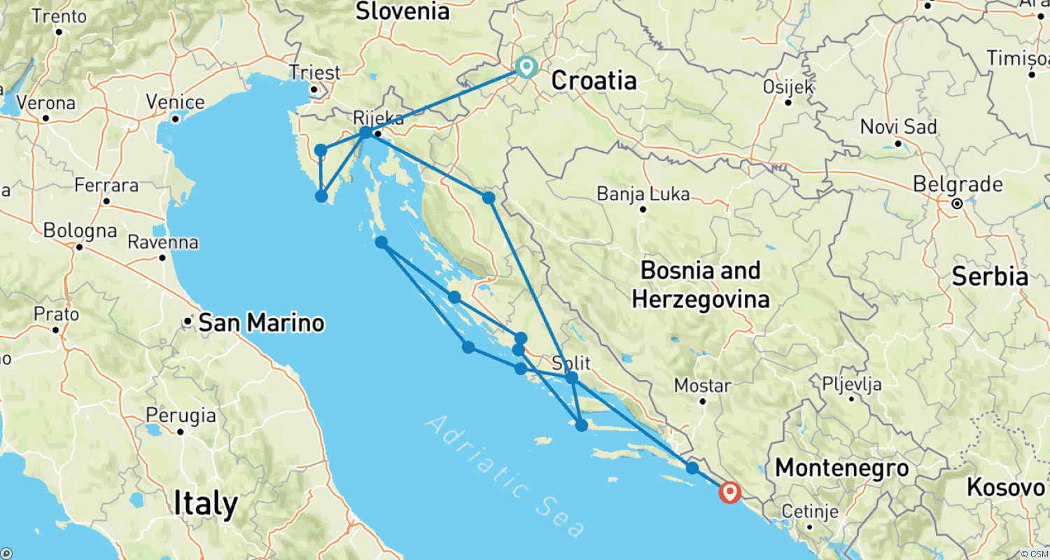 Mapa do percurso de Croácia e a Costa da Dalmácia (Pequenos Grupos, 14 Dias)
