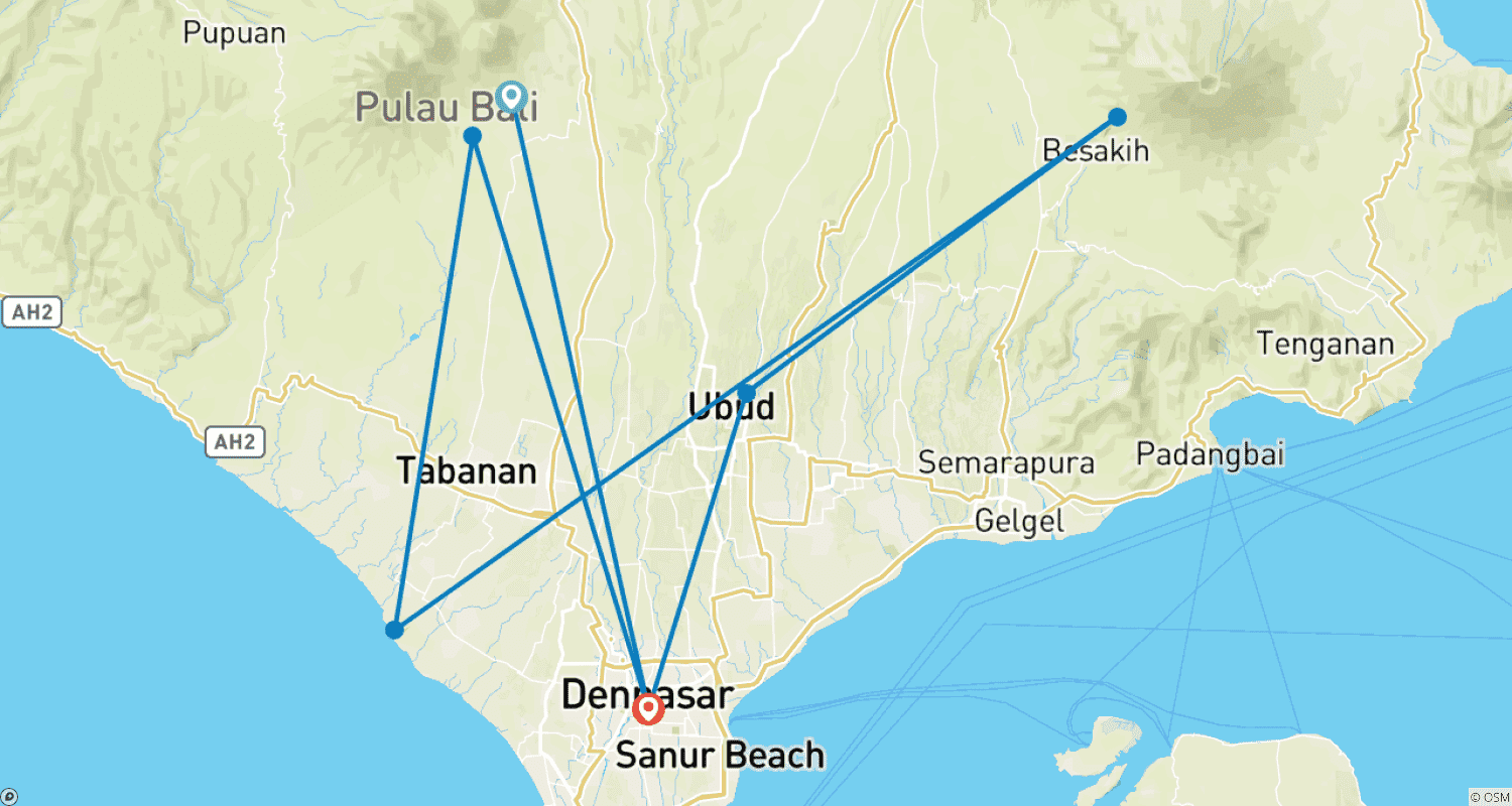 Mapa do percurso de Descubra a Maravilha Natural de Bali em 6 Dias: Templos, Terraços de Arroz, Floresta dos Macacos e Aventura nas Cachoeiras
