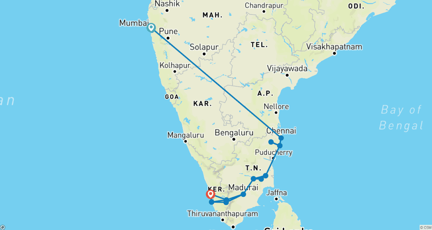 Mapa do percurso de Excursão pelo Sul da Índia saindo de Mumbai