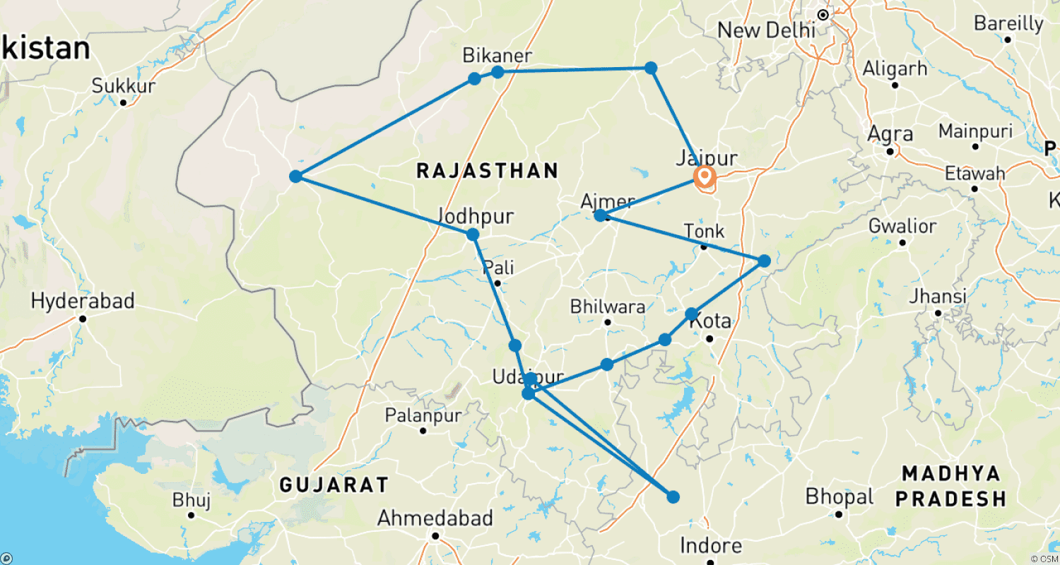 Mapa do percurso de Real Rajasthan