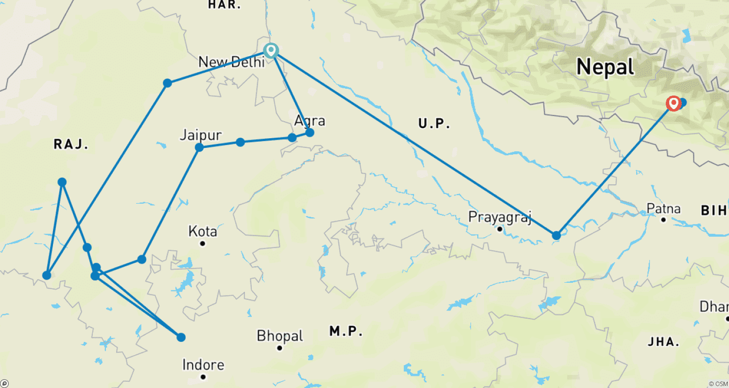 Mapa do percurso de Rajasthan with Nepal Tour