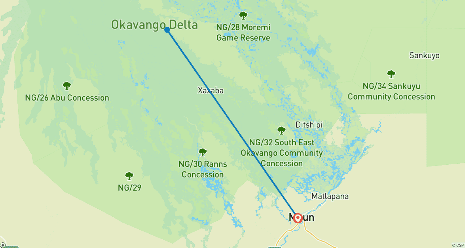 Mapa do percurso de Safári de Mokoro no Delta Interior (Econômico) 4 Dias 3 Noites