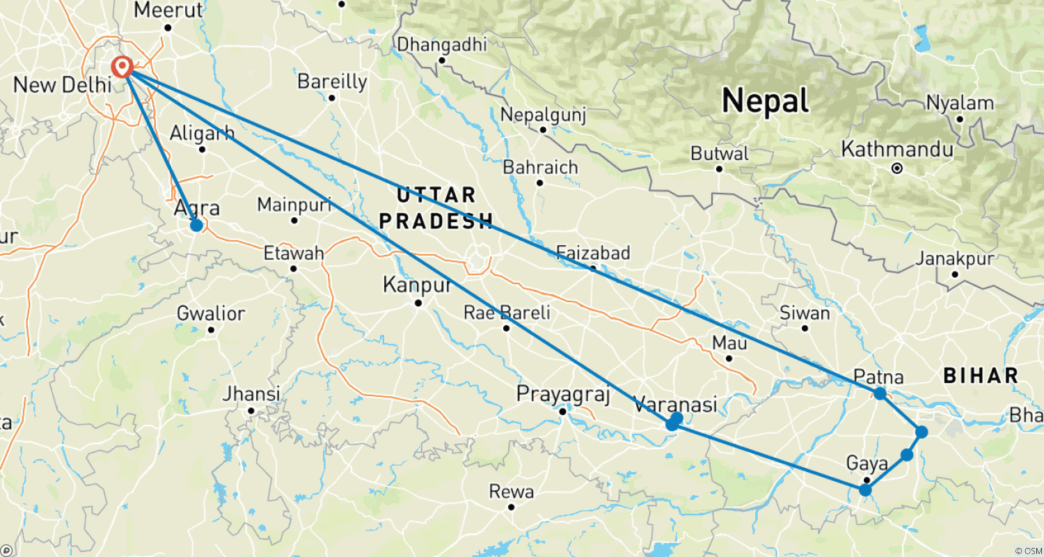 Mapa trasy: Północne Indie z wycieczką buddyjską