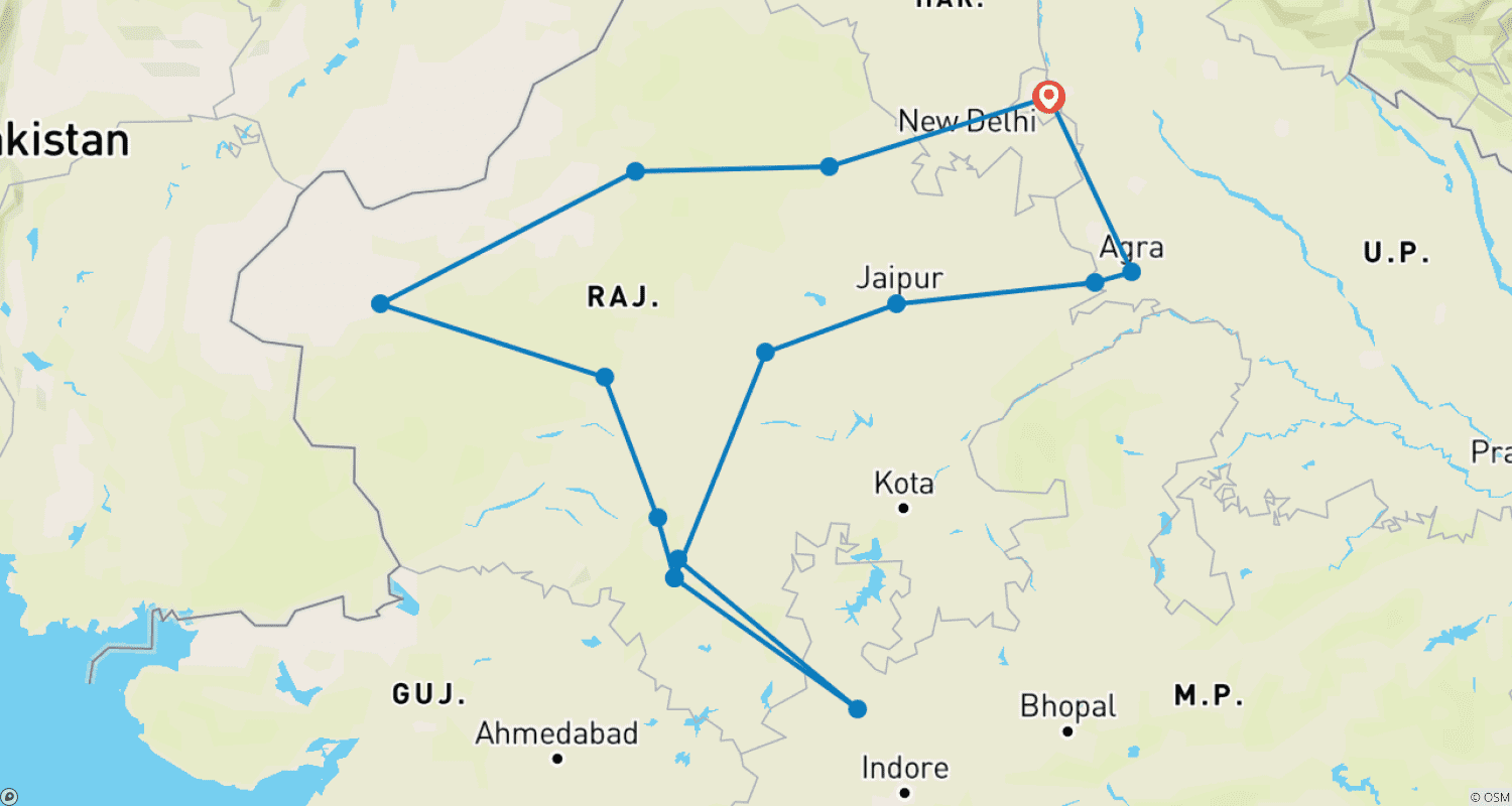 Mapa do percurso de Norte da Índia com Taj Mahal