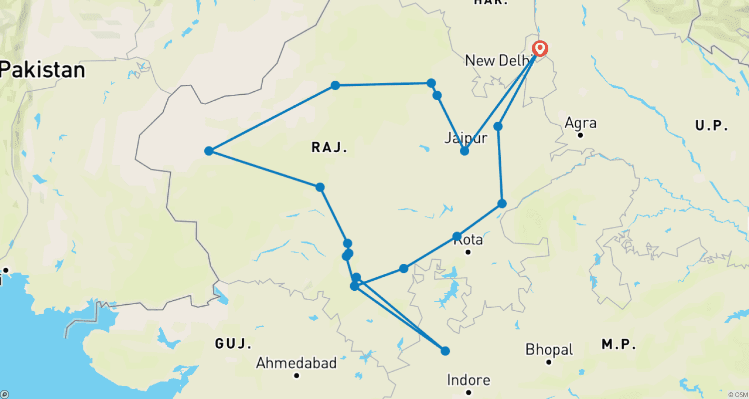 Mapa do percurso de Tour Incrível pelo Rajastão