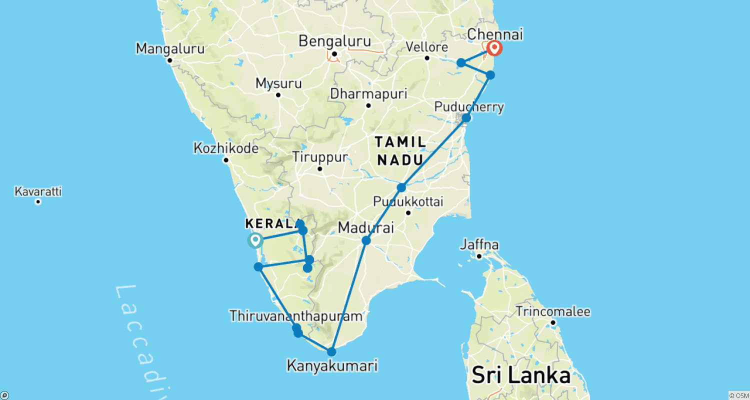 Mapa trasy: Wycieczka po Południowych Indiach