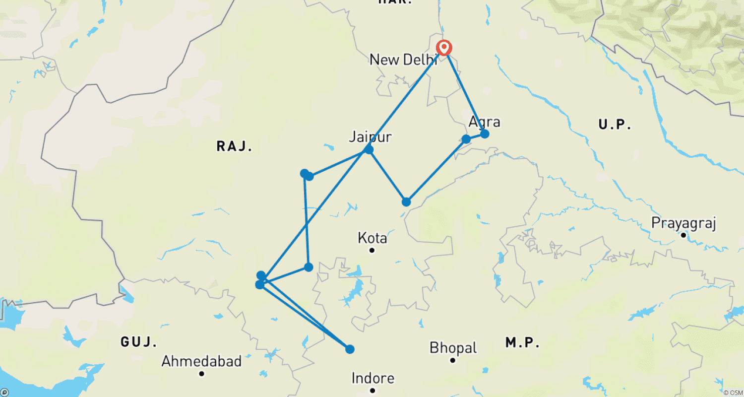 Mapa do percurso de Excursão ao Rajastão com Ranthambore