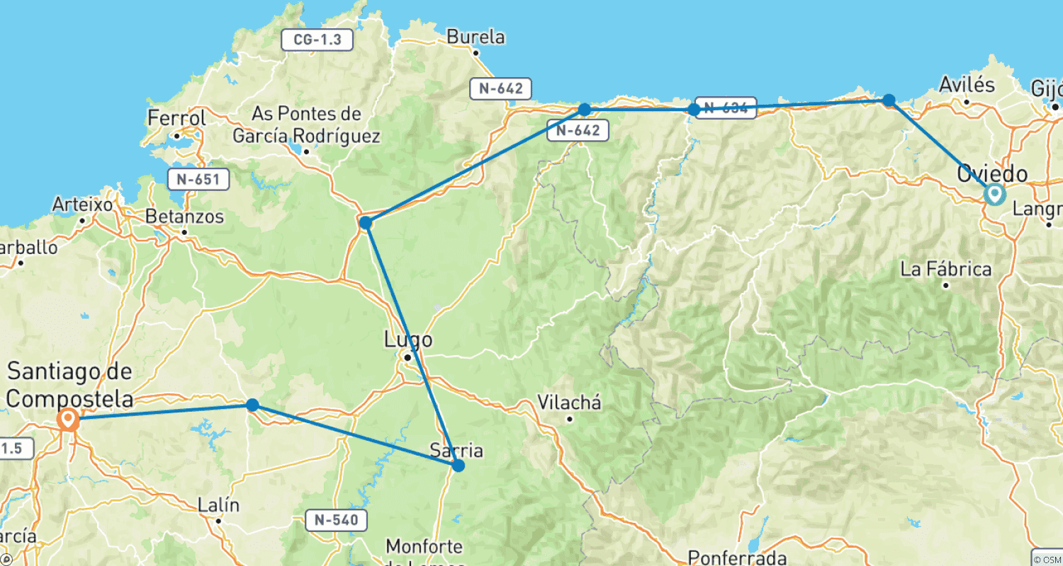 Mapa trasy: Camino de Santiago