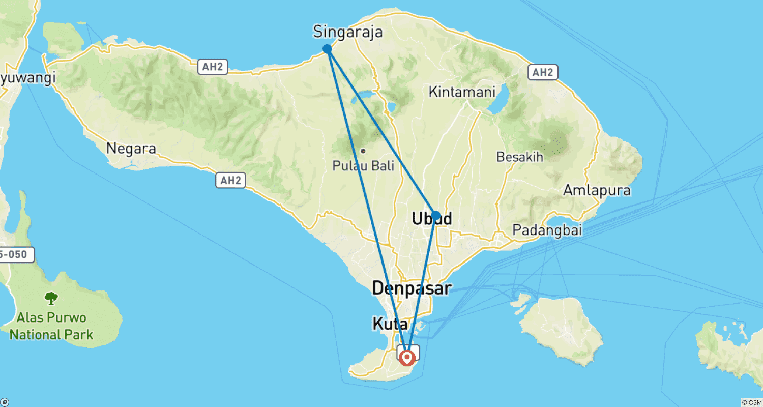 Mapa do percurso de Excursão ao Norte de Bali 3 Dias/2 Noites