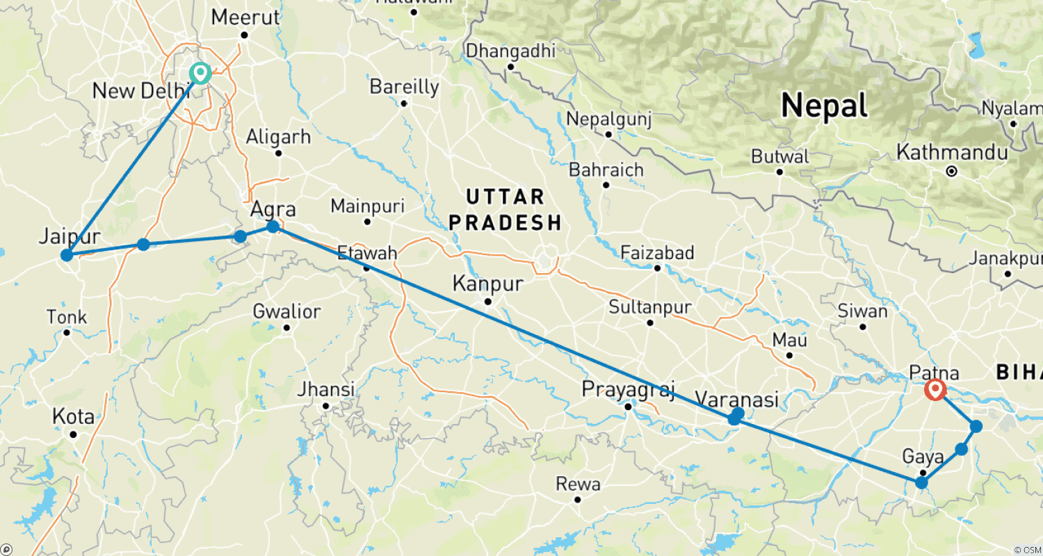 Mapa do percurso de Triângulo Dourado com Varanasi e Bodhgaya Tour