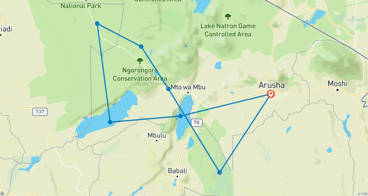 Mapa do percurso de Safari da Migração de Seis Dias no Norte da Tanzânia com Alojamento