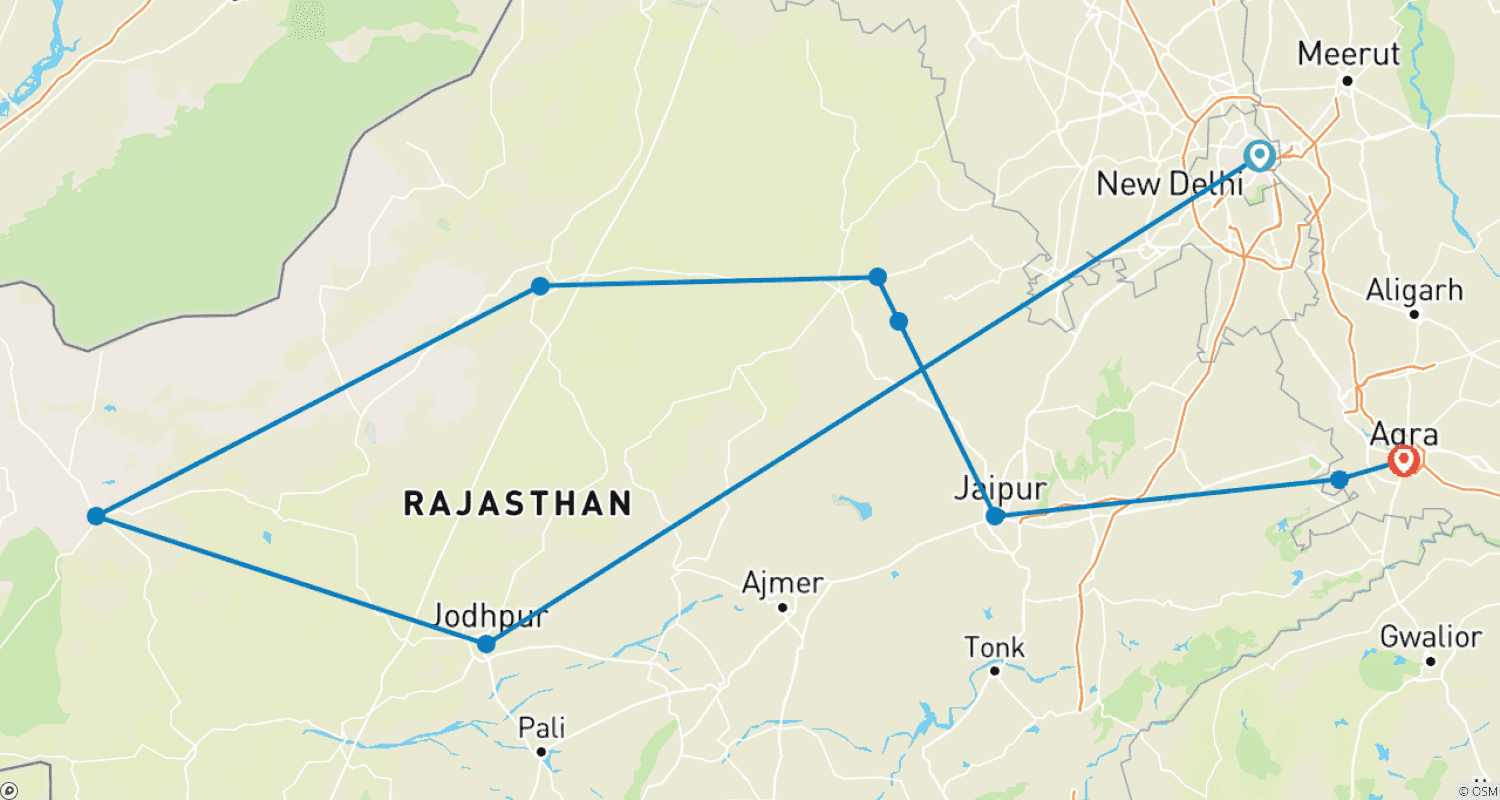 Mapa do percurso de Tour Clássico pelo Rajastão