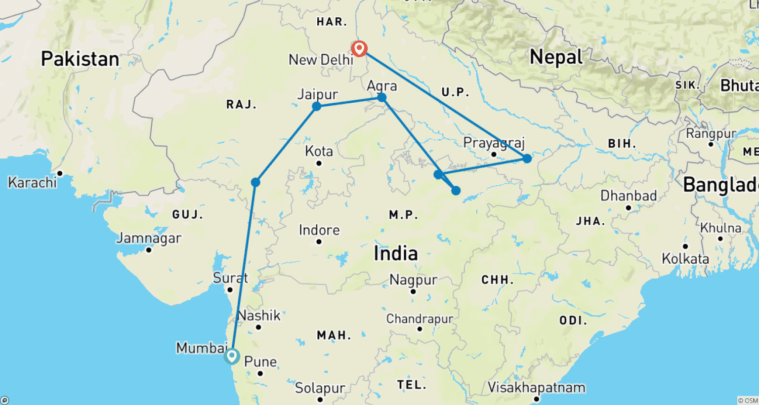 Mapa do percurso de Taj Mahal e Maravilhas do Norte: Mumbai | Udaipur | Jaipur | Agra | Panna | Khajuraho | Varanasi | Delhi (Com Hospedagem em Hotéis de Luxo 5 Estrelas de Patrimônio)