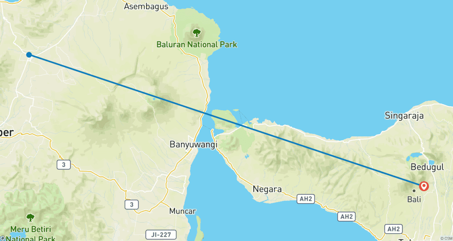 Mapa do percurso de Aventura Vulcânica: Uma Caminhada ao Monte Ijen e ao Monte Bromo (Privado e Tudo Incluído)