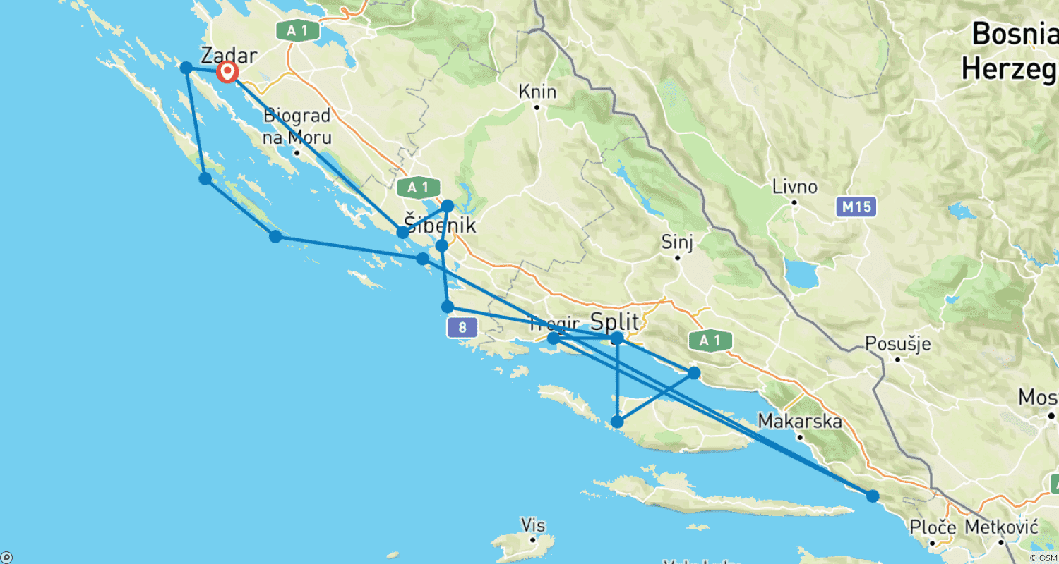 Mapa do percurso de Destaques da Dalmácia: Cruzeiro na Região de Zadar e Split (Categoria de Barco Padrão)