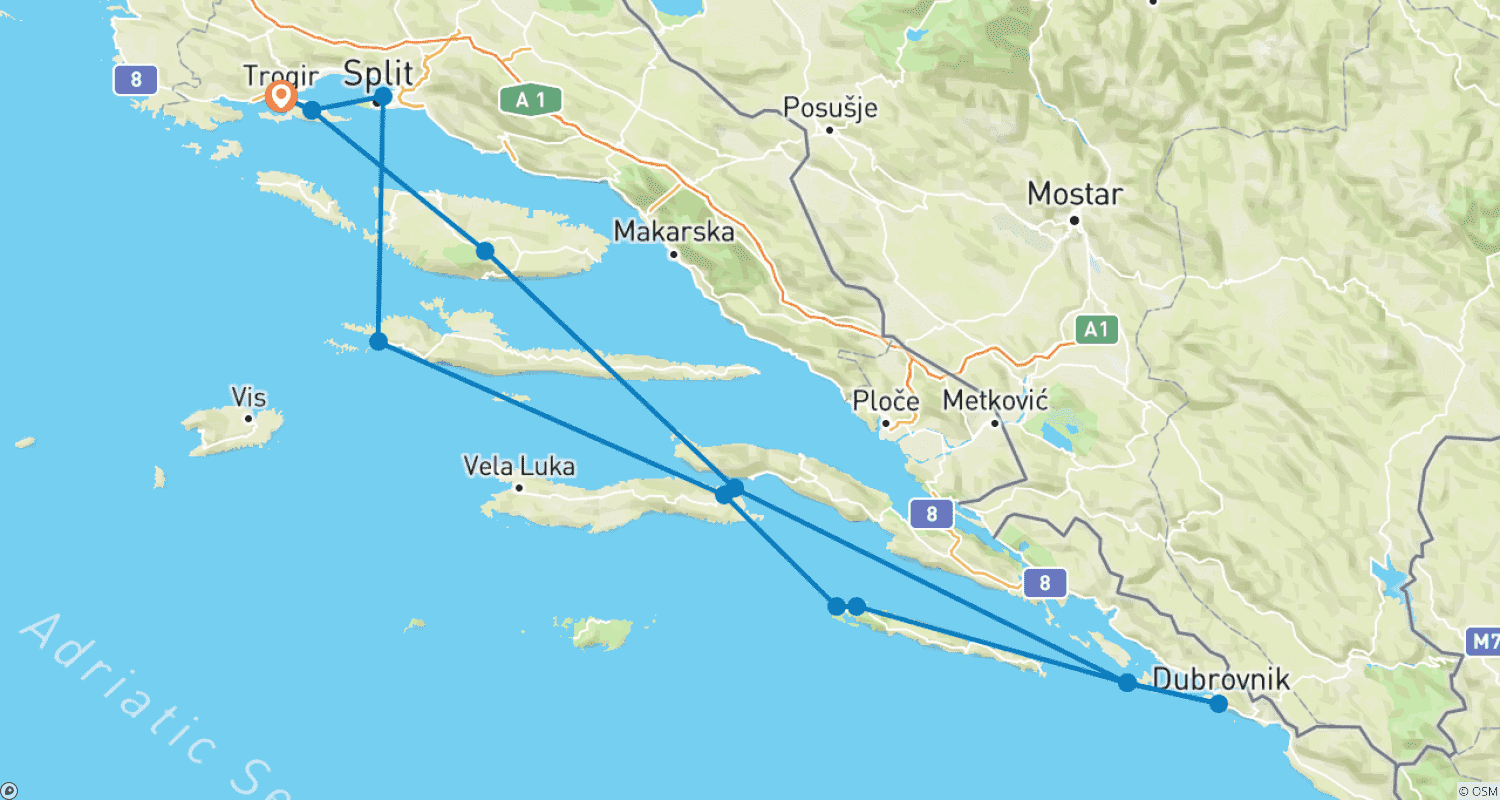 Mapa do percurso de Destaques da Dalmácia: Cruzeiro pela Região de Split e Dubrovnik (Categoria de Barco de Luxo)