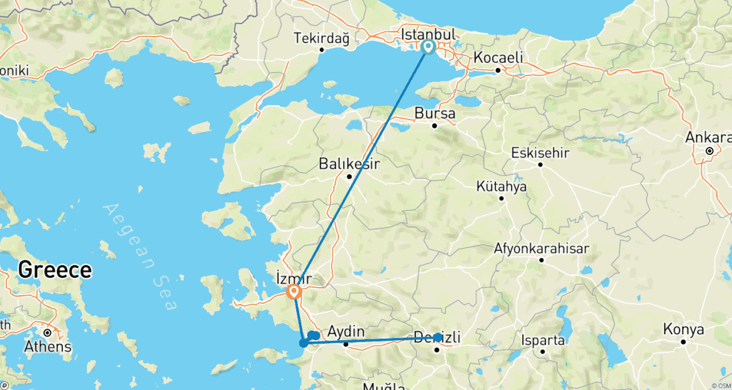 イスタンブール、Kusadasi、パムッカレツアーのルートマップ