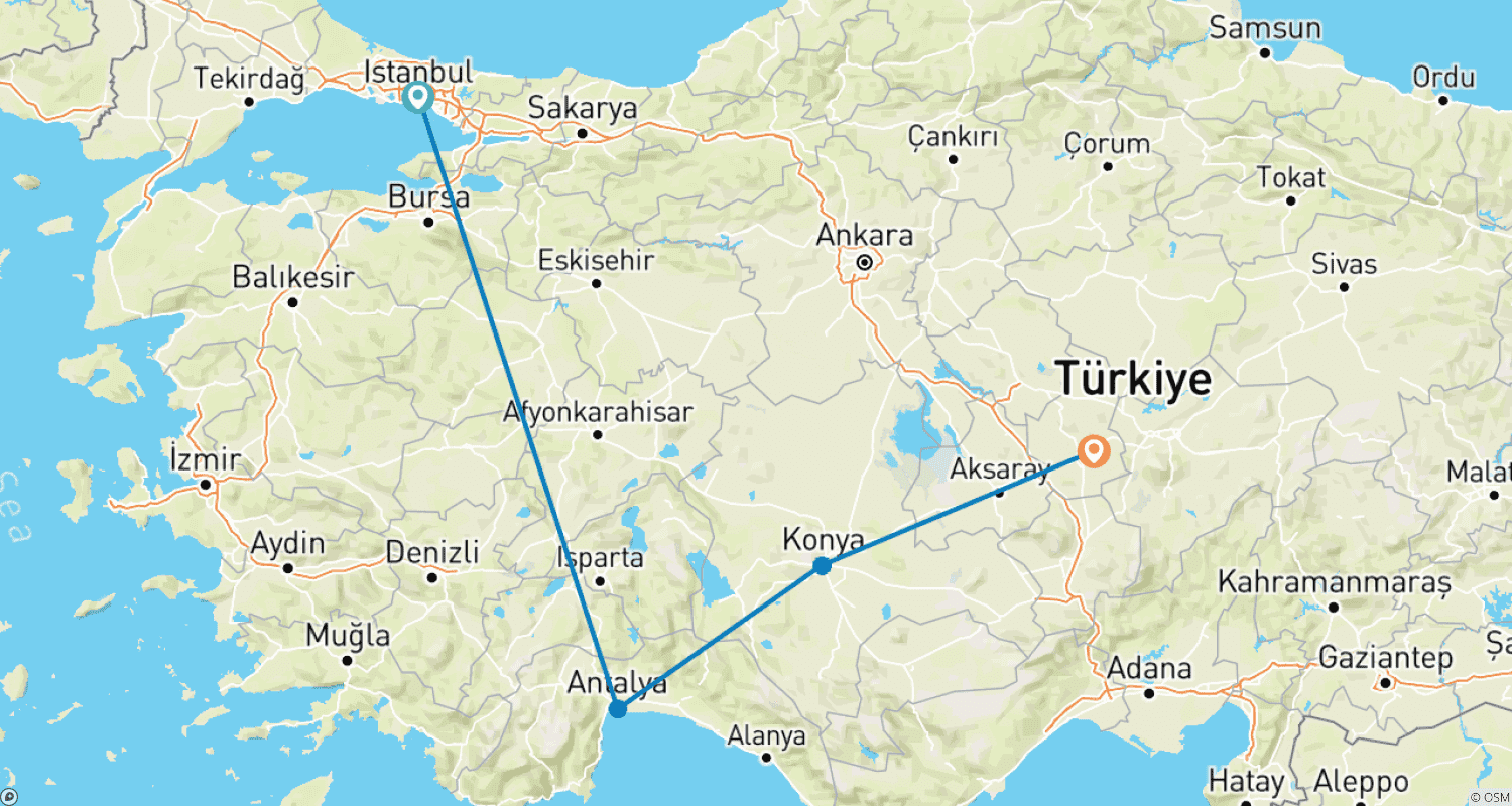 Mapa do percurso de Istanbul, Antalya & Cappadocia Tour