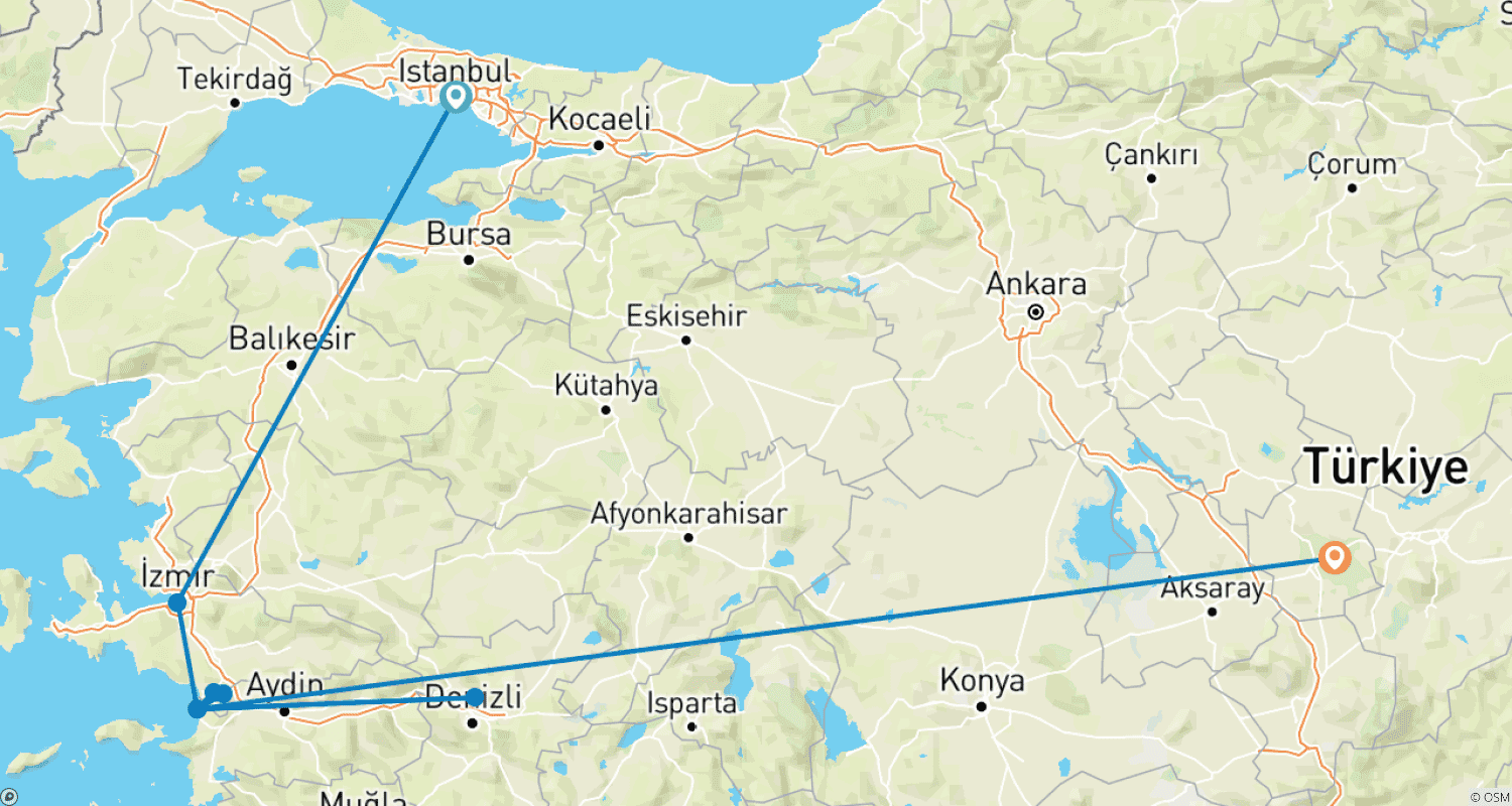Mapa trasy: Istanbul, Kusadasi, Ephesus, Pamukkale & Cappadocia Tour