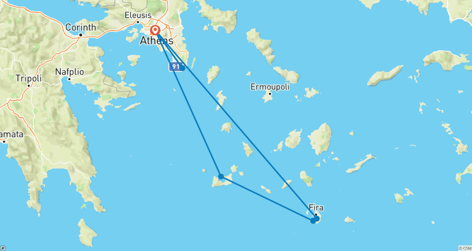 Mapa trasy: Ateny, Santorini i Milos z wycieczkami z przewodnikiem | Hotele 4* | 10 dni