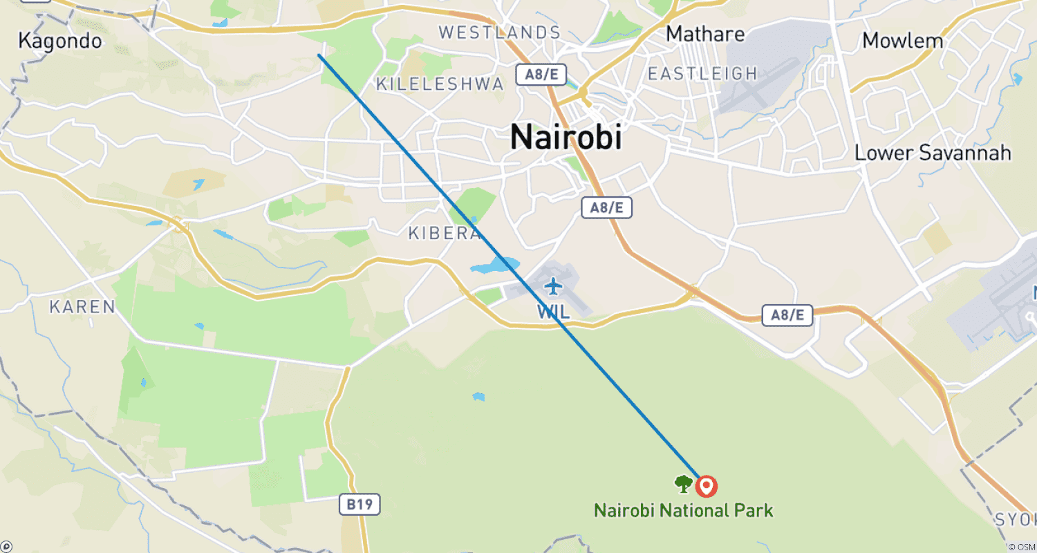 Mapa do percurso de Escala no Aeroporto de Nairobi: Safari de 4 horas no Parque Nacional de Nairobi