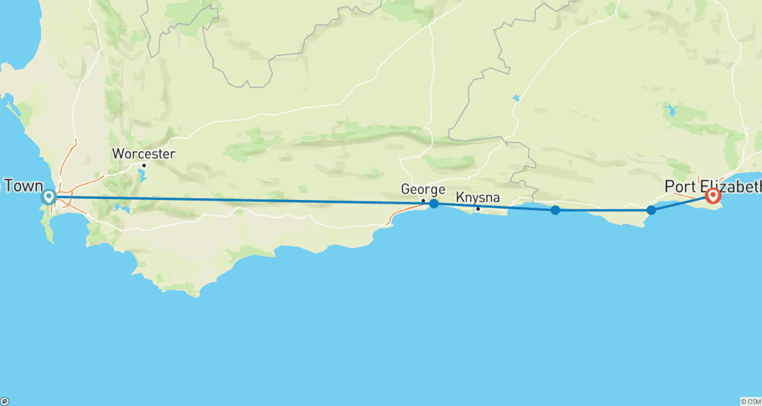 Mapa do percurso de Excursão privada de 4 dias - Cidade do Cabo a Porto Elizabeth