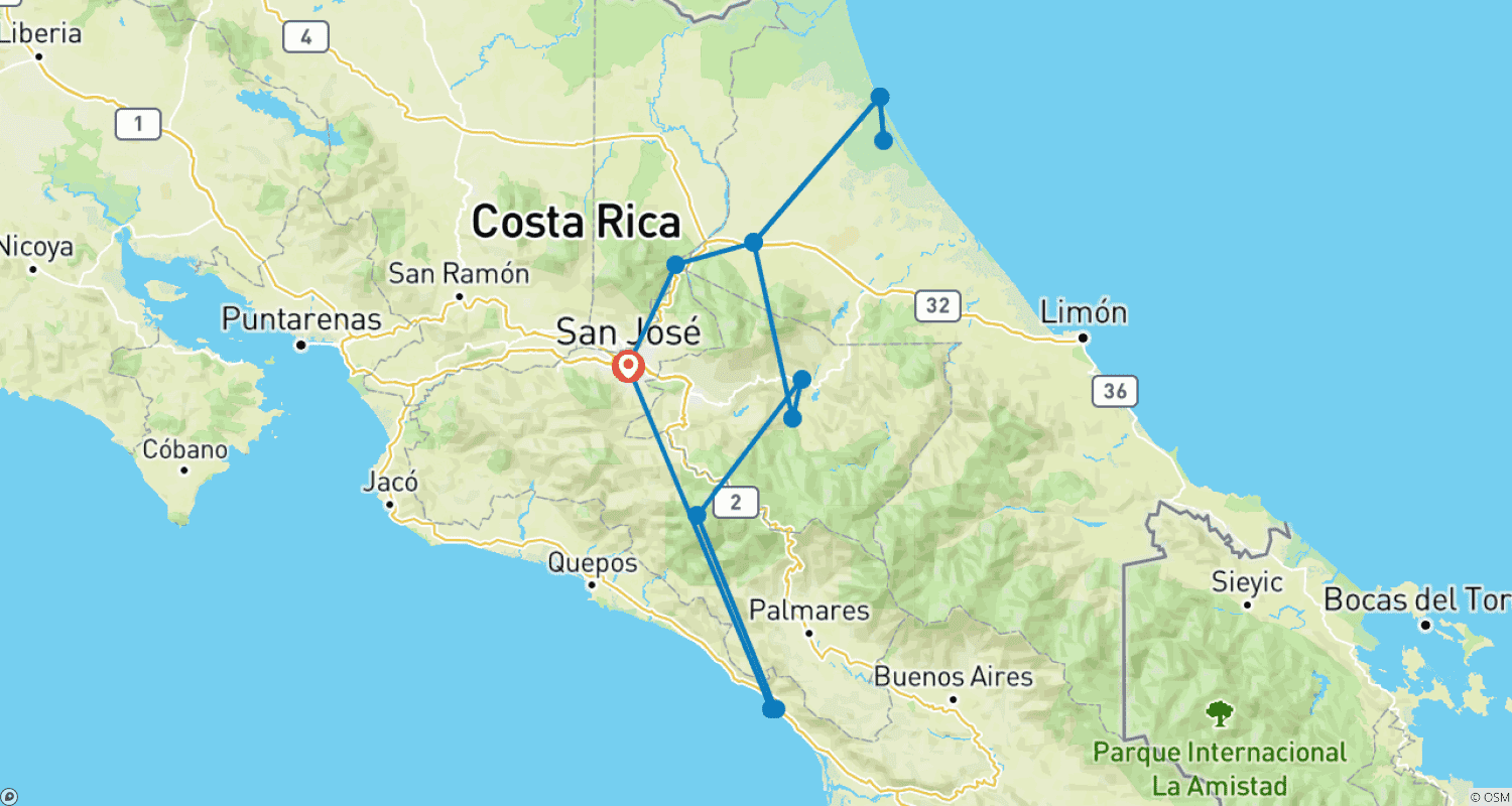 Mapa do percurso de Natureza e cultura da Costa Rica de perto (11 dias)