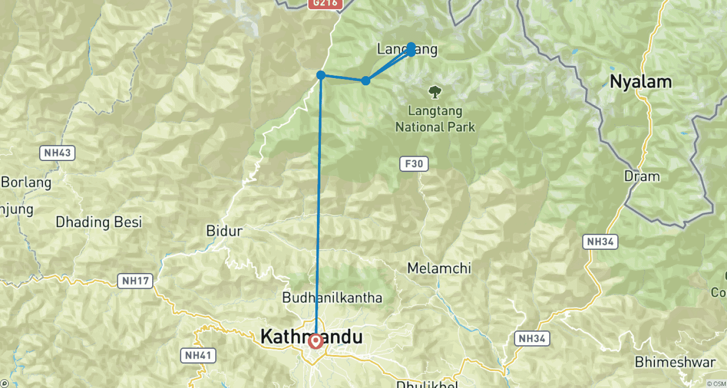 Langtang Valley サーキットトレック - 11日間のルートマップ