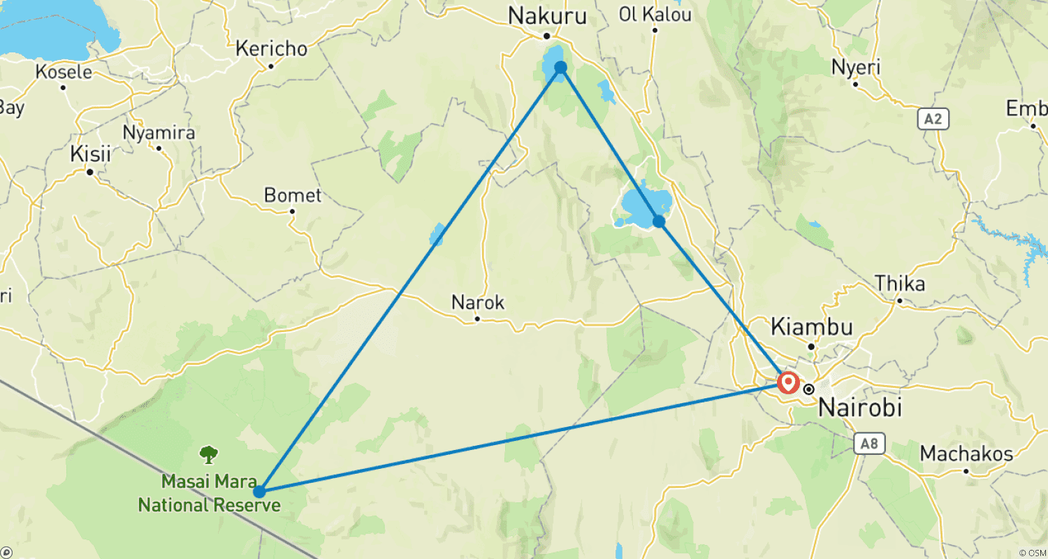 Mapa do percurso de 05 Dias Safári em Grupo de Jeep 4x4 com Acampamento Econômico no Quênia