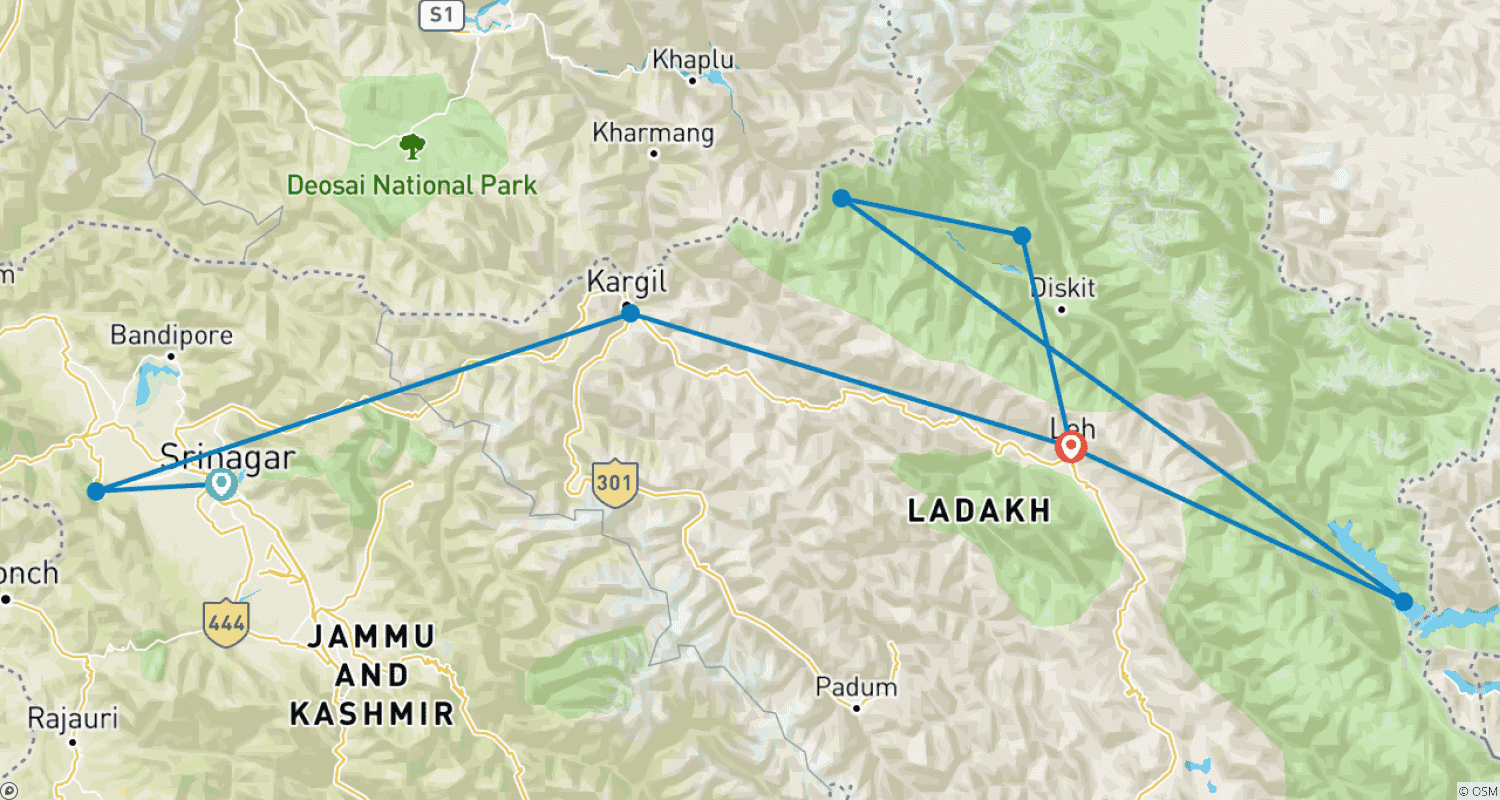 Mapa do percurso de O Melhor de Caxemira e Ladakh