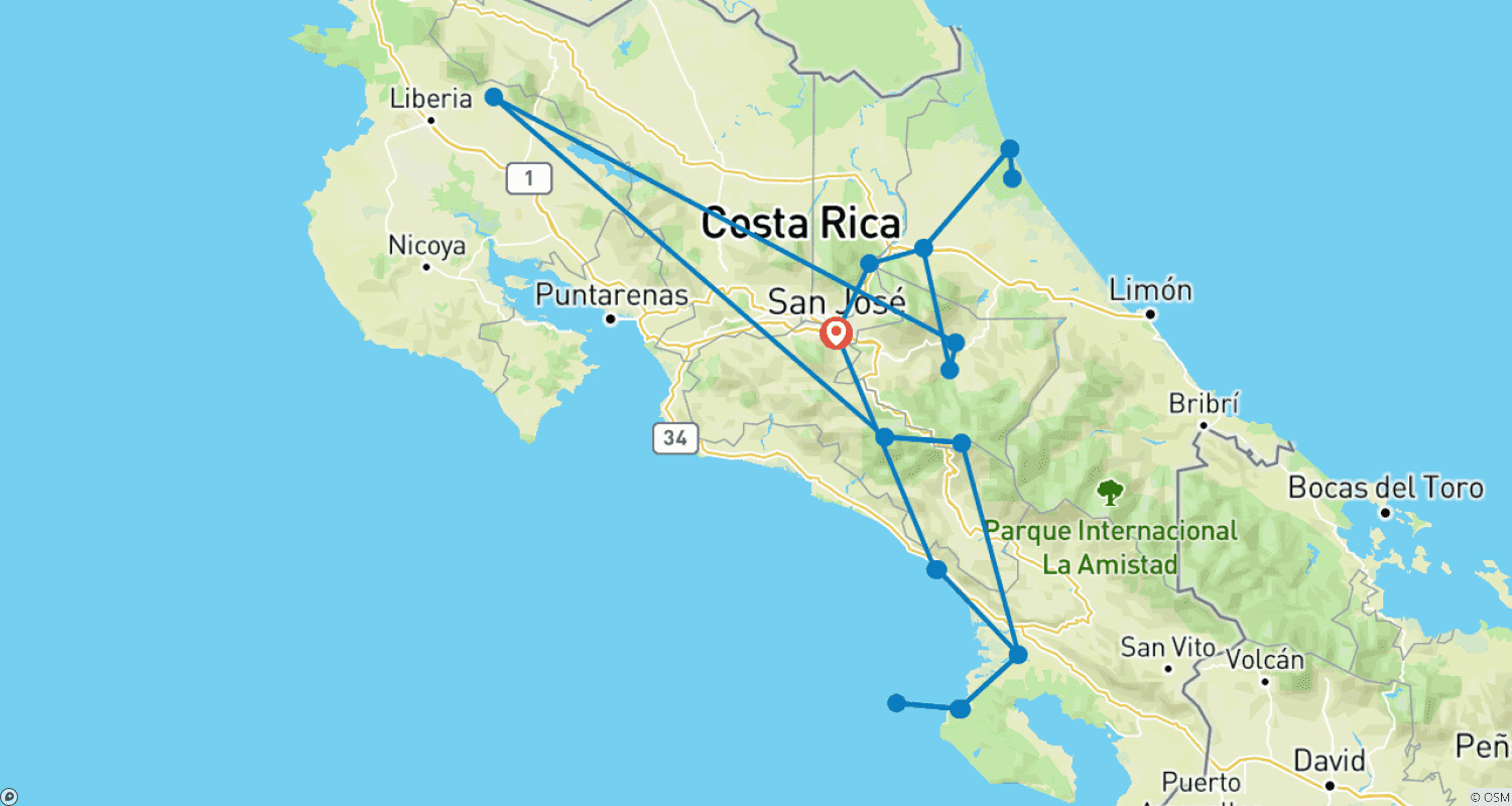 Mapa trasy: Wyjątkowa bioróżnorodność Kostaryki (15 dni)