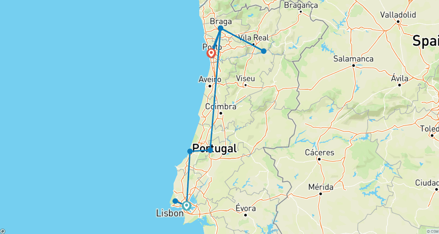 Mapa do percurso de Tour de 7 Dias por Portugal