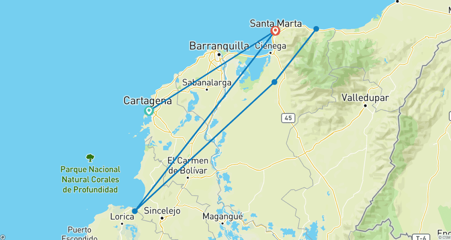 Mapa do percurso de Cartagena e Caminhada à Cidade Perdida