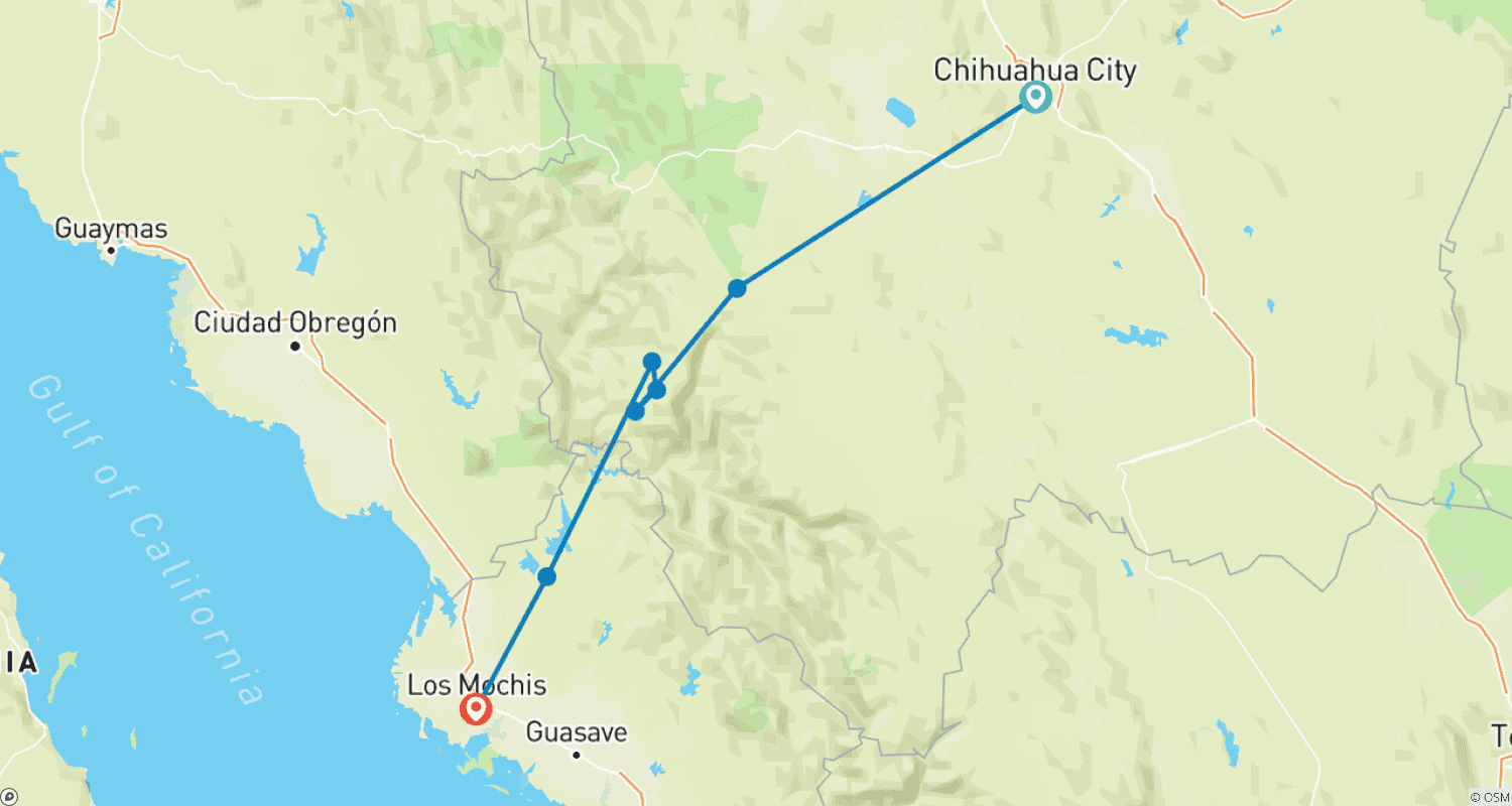 Mapa do percurso de Tour #5 / 7 Dias / 6 Noites: Cidade de Chihuahua / Cânion do Cobre / Los Mochis