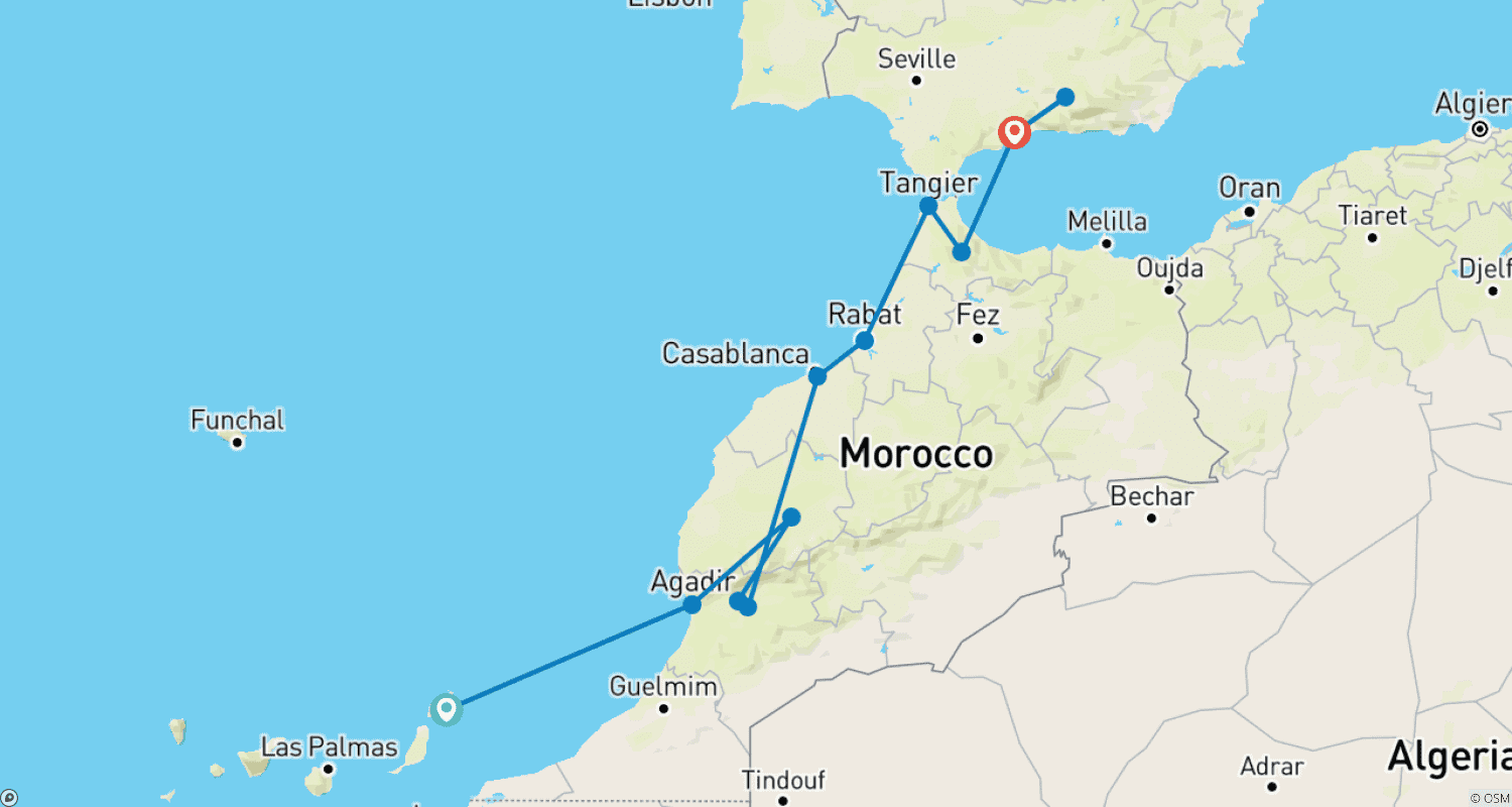 خريطة مسار من المدن الإمبراطورية للمغرب إلى الأراضي الأندلسية، من Arrecife إلى مالقة. فن المدجن الرائع (باقة من ميناء إلى ميناء)