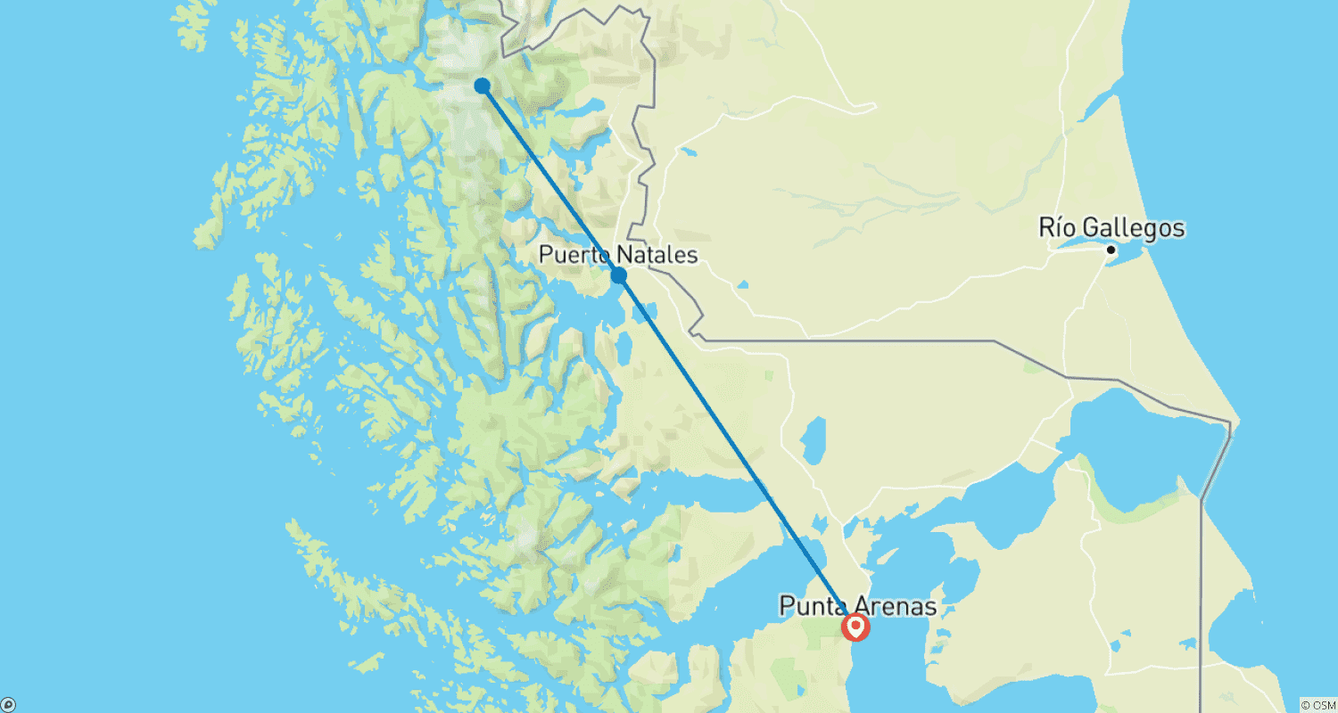 Mapa do percurso de Experiência de Trekking @ Torres del Paine saindo de Puerto Natales, todas as refeições incluídas