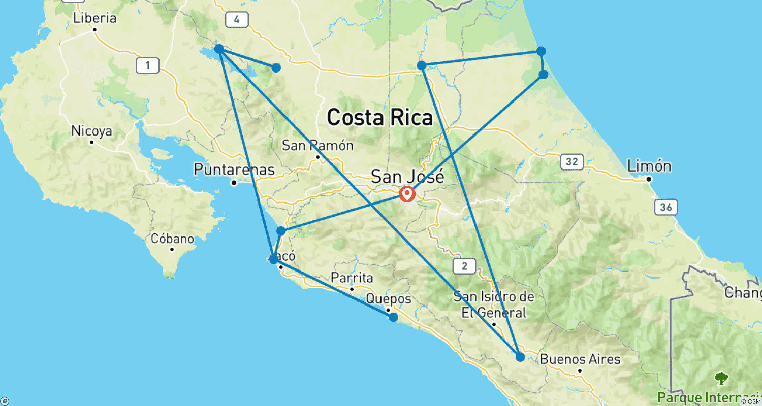 Costa Rica: A World of Nature featuring Tortuguero National Park, Arenal Volcano & Manuel Antonio National Park (2026)のルートマップ