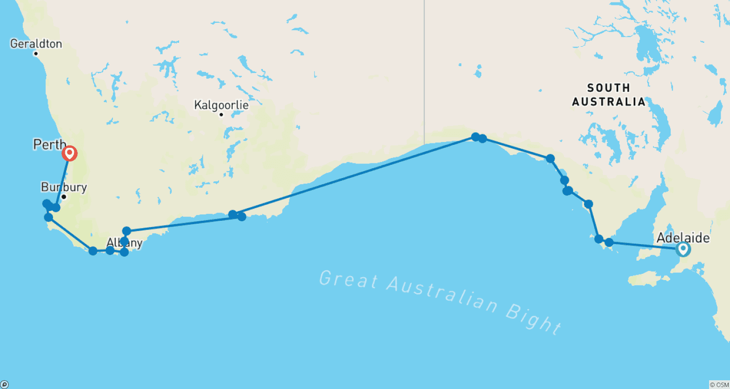 Mapa do percurso de Excursão Privada de 10 Dias de Adelaide a Perth