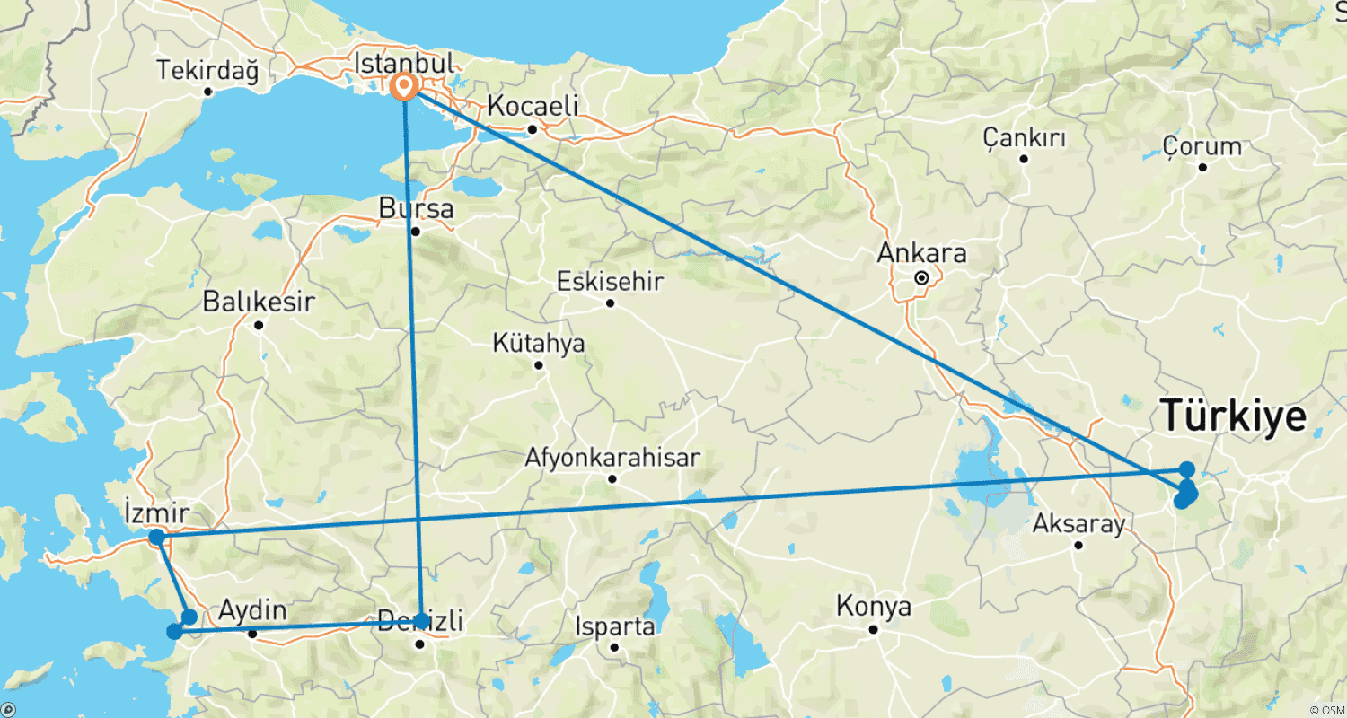 Route map for Istanbul, Cappadocia, Ephesus & Pamukkale Tour by Plane (Included museum entrance fees)