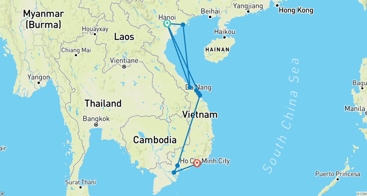 Mapa do percurso de Destaques do Vietnã com Férias na Praia em Mui Ne/Phan Thiet (12 destinos)