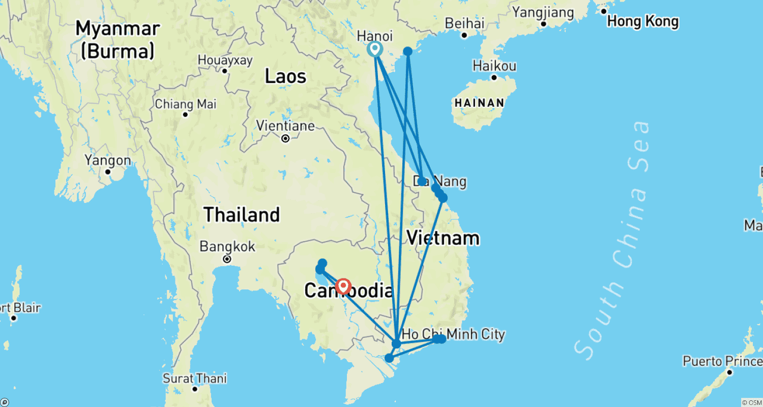 خريطة مسار Experience Two Cultures - Vietnam and Cambodia with Beach Vacation in Phan Thiet / Mui Ne or on Phu Quoc 21 Days (from Hanoi to Prasat)