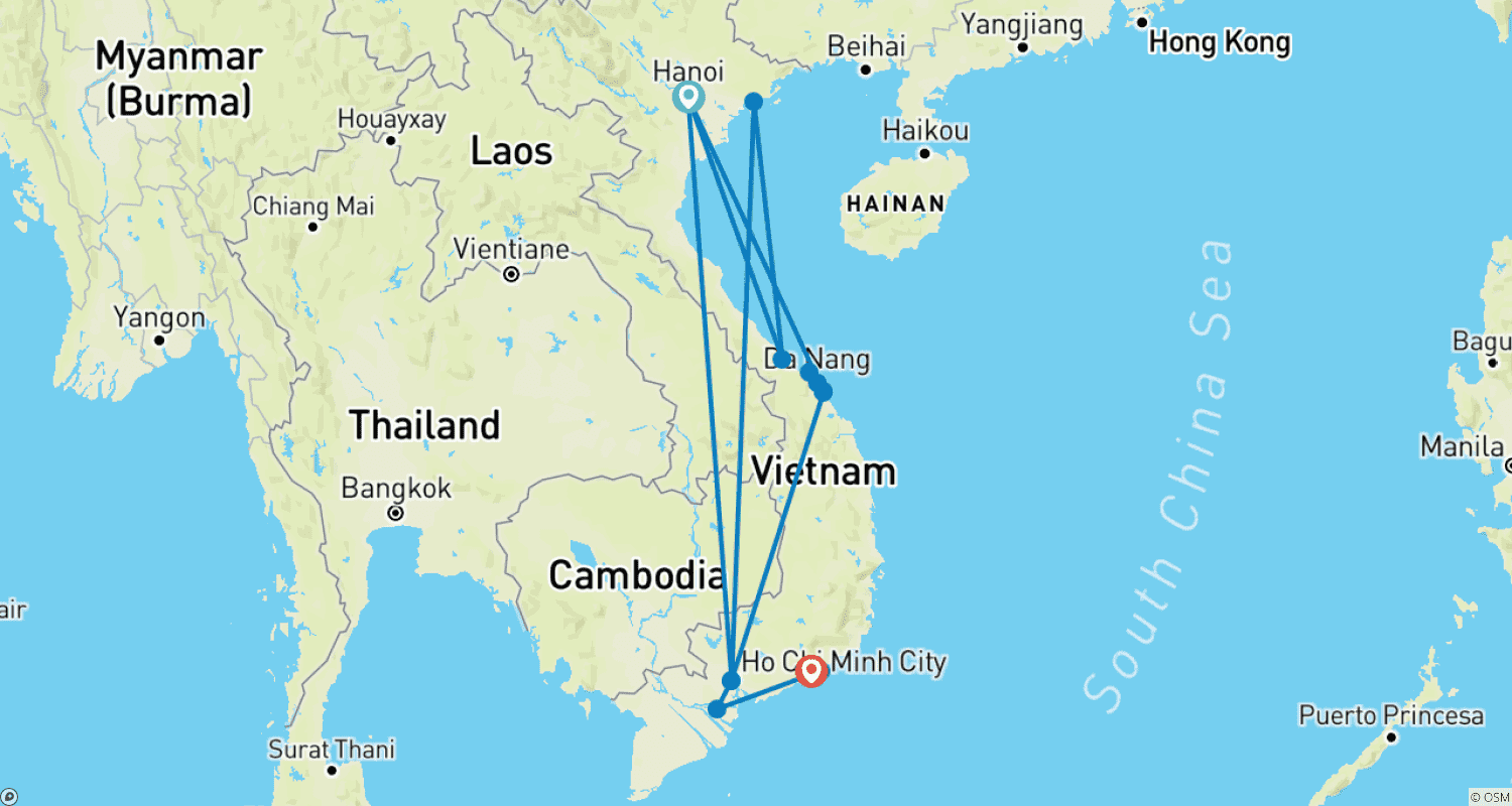 Mapa trasy: Prywatna wycieczka: Najważniejsze atrakcje Wietnamu z wakacjami na plaży w Mui Ne/Phan Thiet