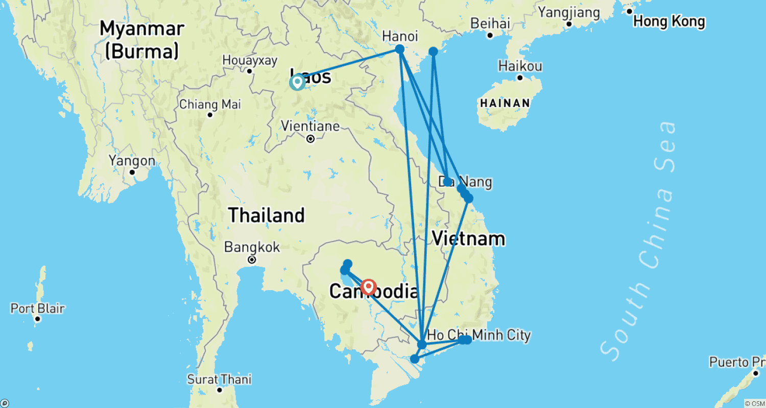 Mapa trasy: Trzy Perły Mekongu - Wietnam, Laos i Kambodża z wakacjami na plaży na wymarzonych plażach Wietnamu 25 dni (20 miejsc docelowych)